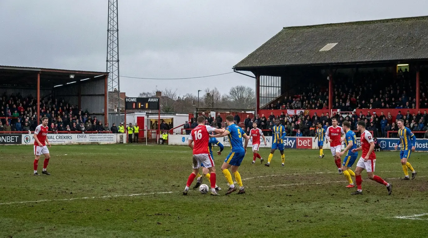 National League football match at a small English ground with close spectator proximity to the pitch
