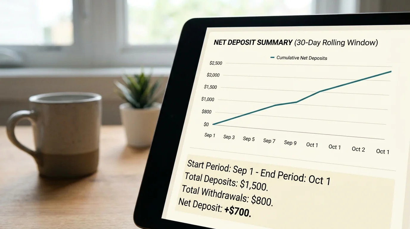 Simple tracker showing net deposit calculation over a 30-day rolling window
