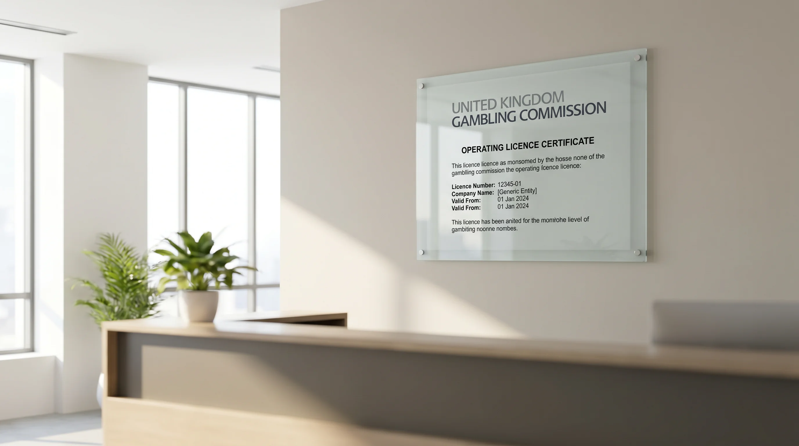 UKGC operating licence certificate displayed on an office wall