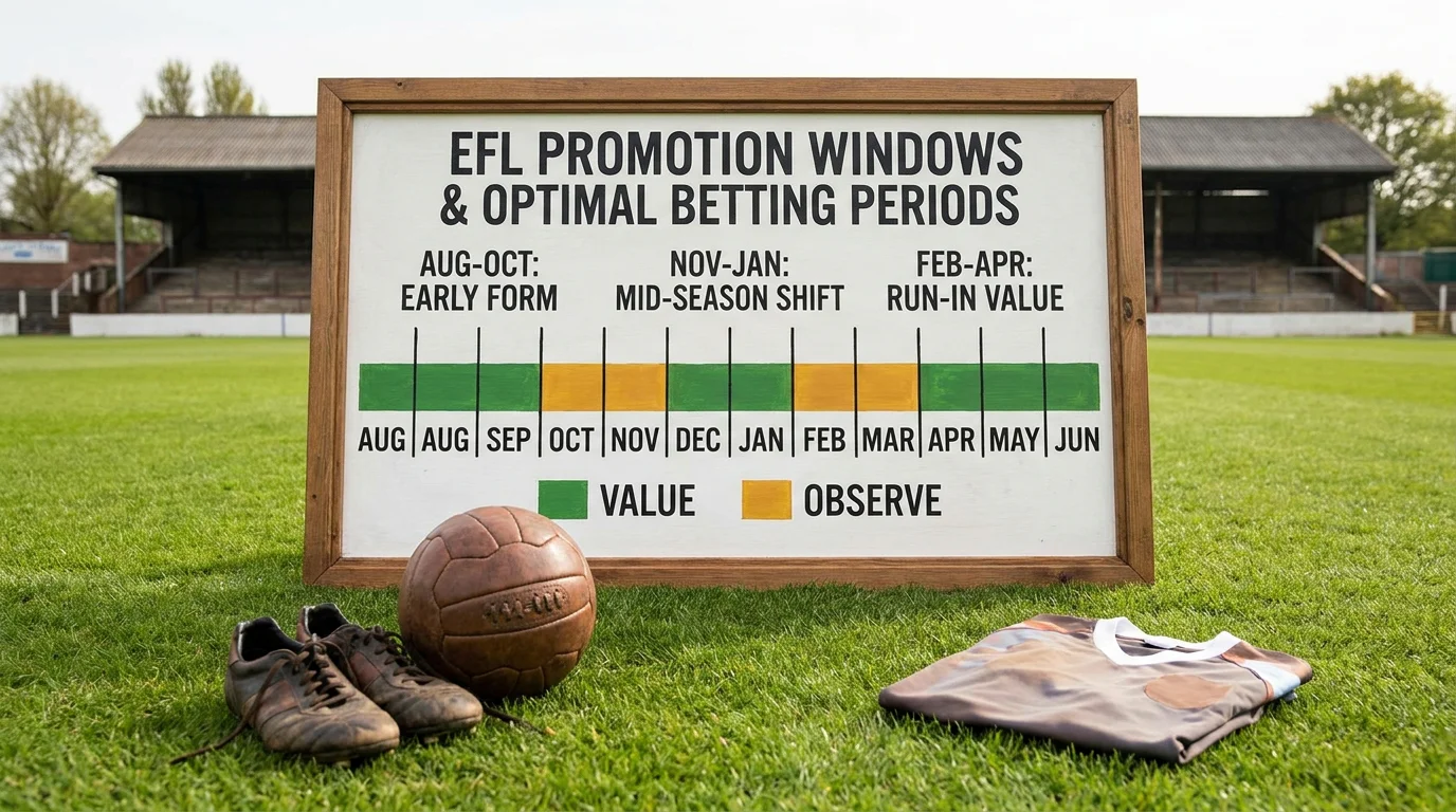 Season calendar marking optimal timing windows for EFL promotion bets
