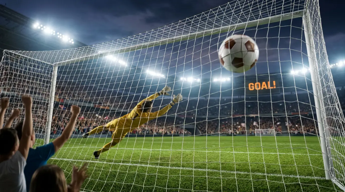 Football match goal being scored with over under goals betting odds displayed on a nearby screen