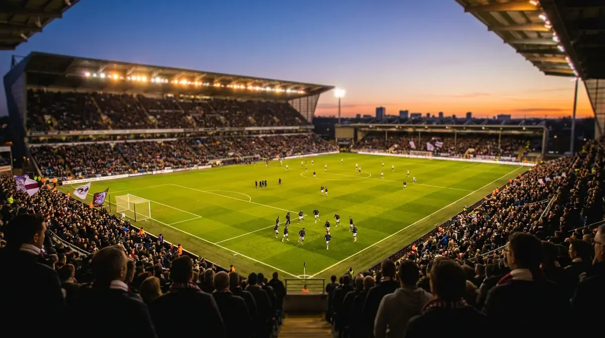 Premier League football stadium under floodlights on matchday evening