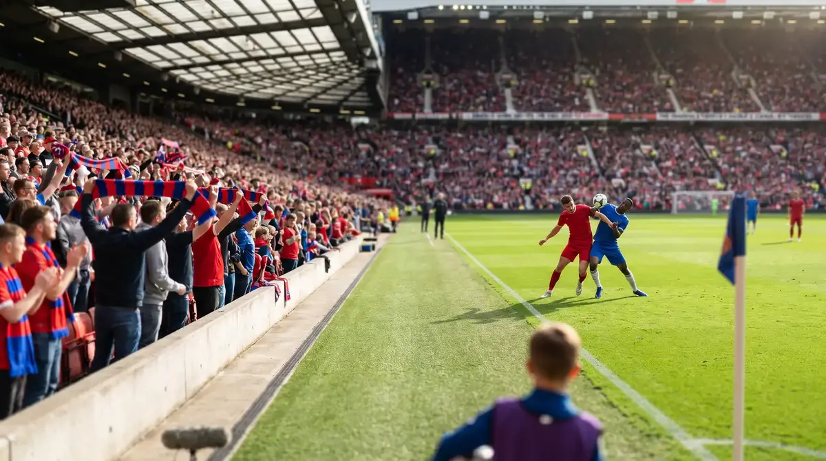 Premier League football match in progress viewed from the stands with players on the pitch