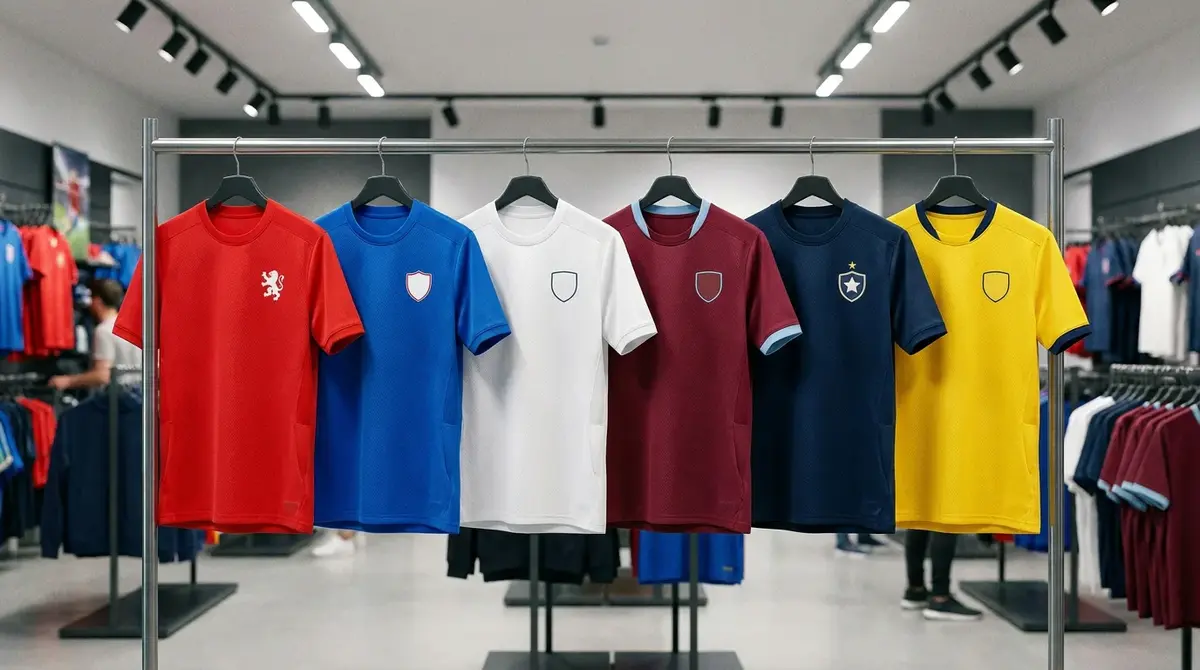 Row of Premier League football shirts displayed in a retail setting showing front sponsor areas