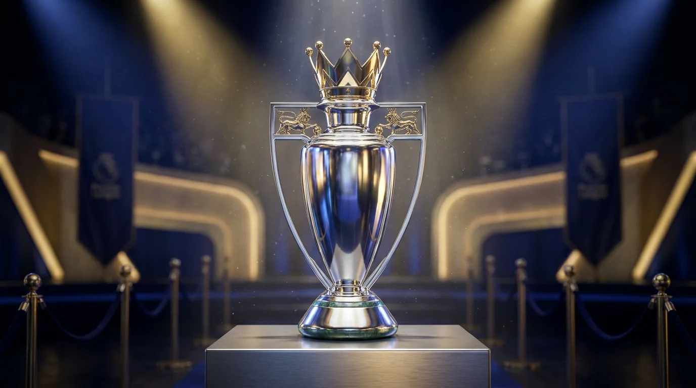 Premier League trophy on display with outright winner odds visible on a betting screen behind it