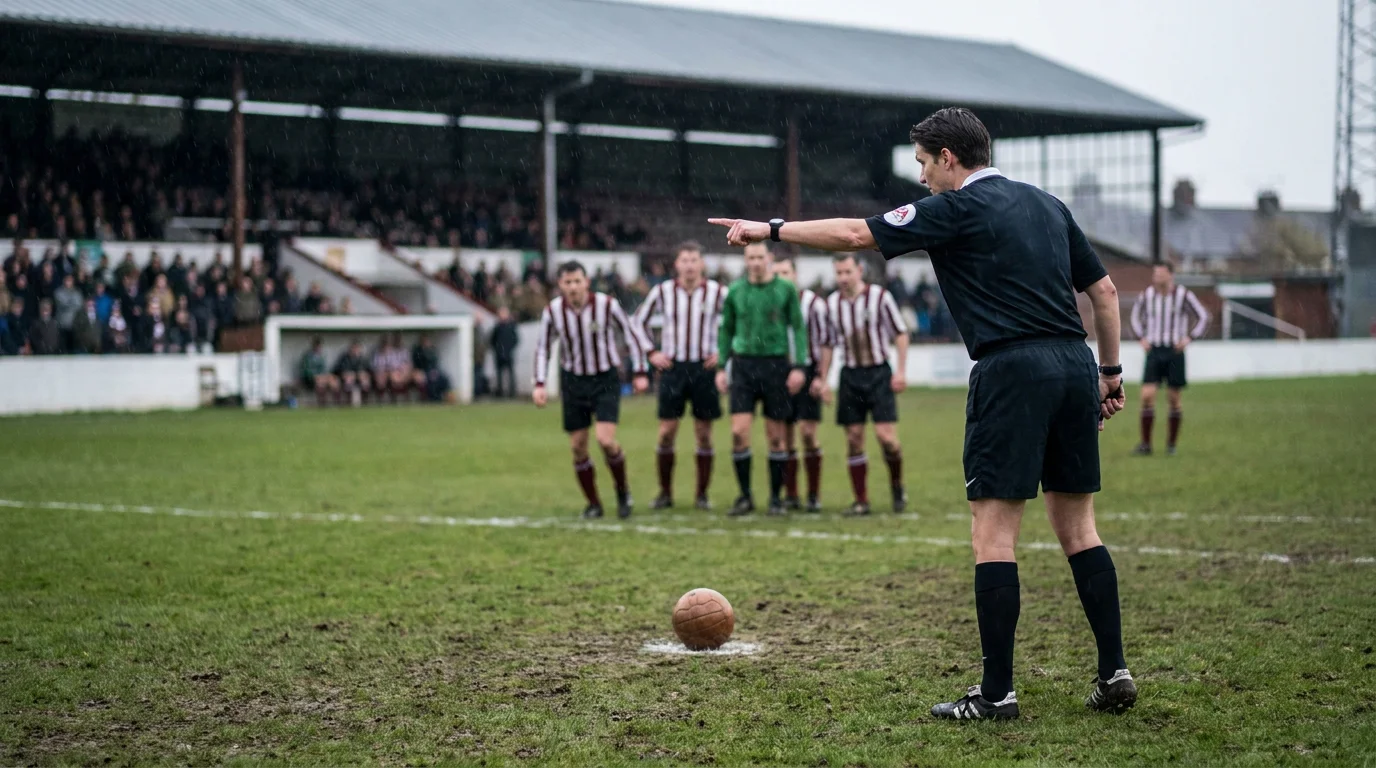 Referee pointing to the penalty spot during an English football match