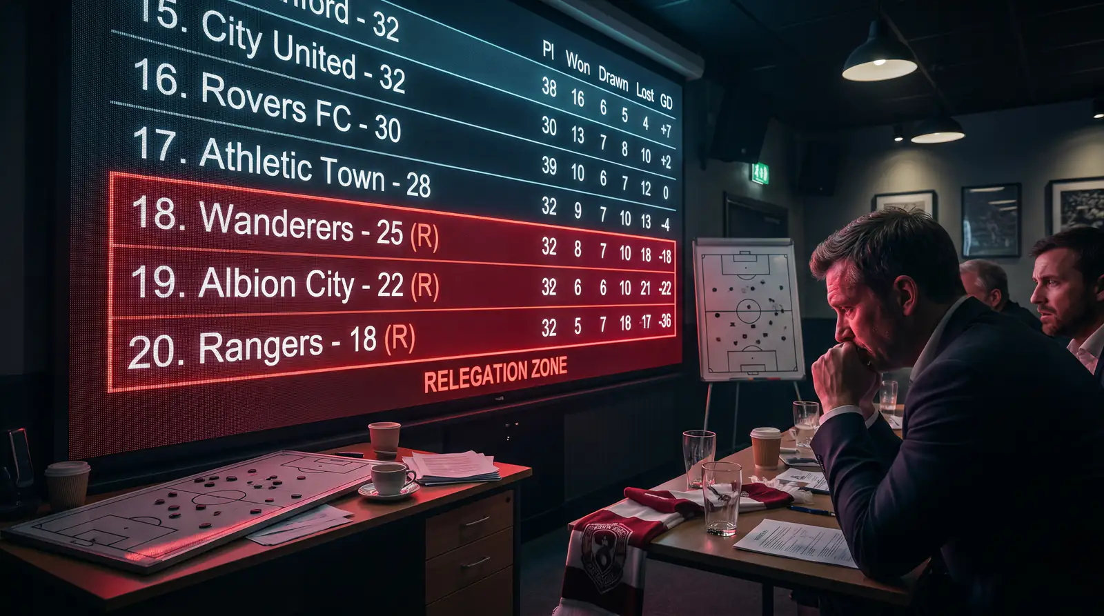 Bottom of the Premier League table showing relegation zone with red markings and team positions
