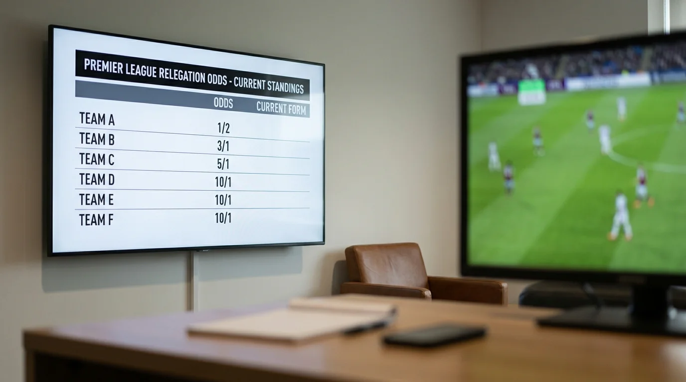 Bookmaker screen listing relegation odds for all Premier League clubs