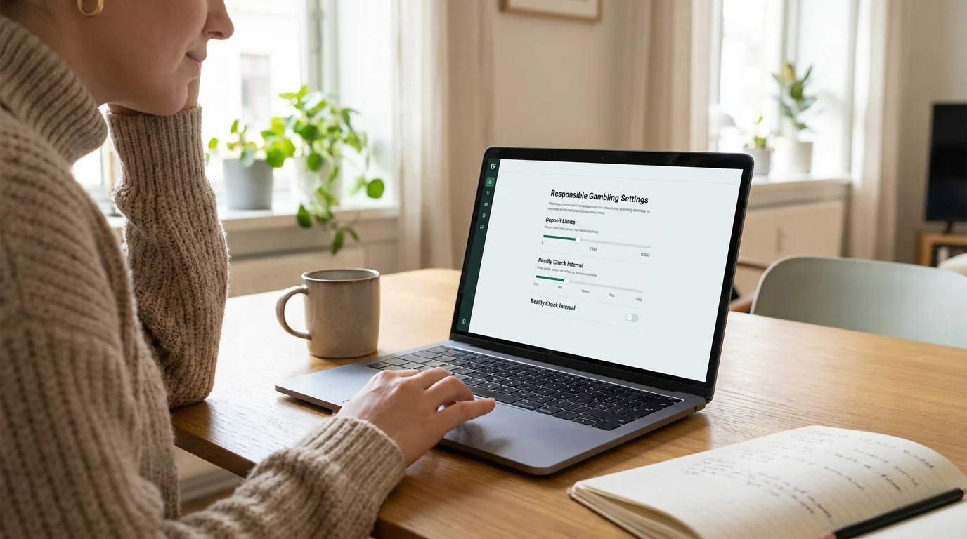 Person reviewing responsible gambling tools and deposit limit settings on a laptop screen