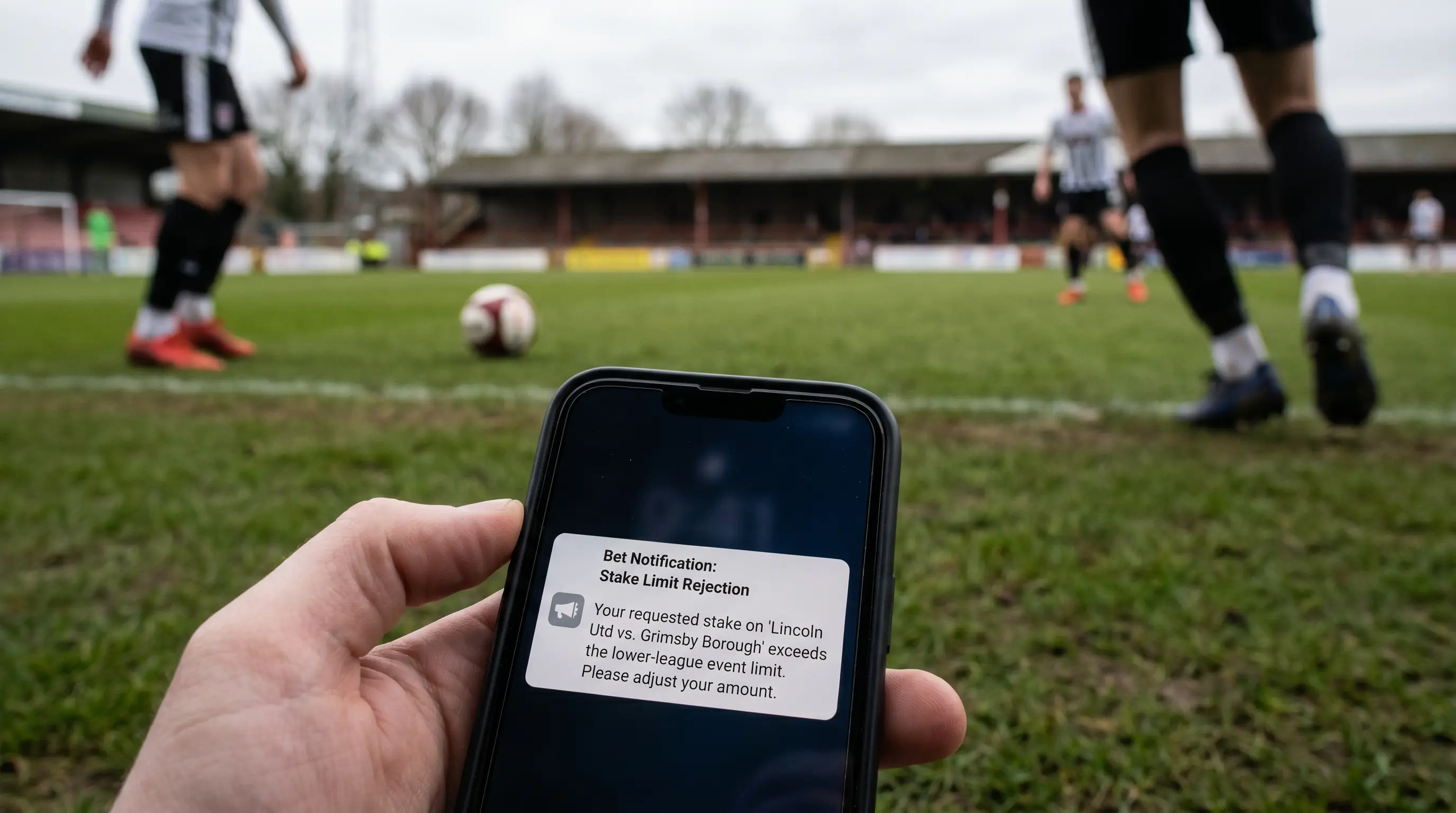 Betting app notification showing a stake limit rejection on a lower-league bet