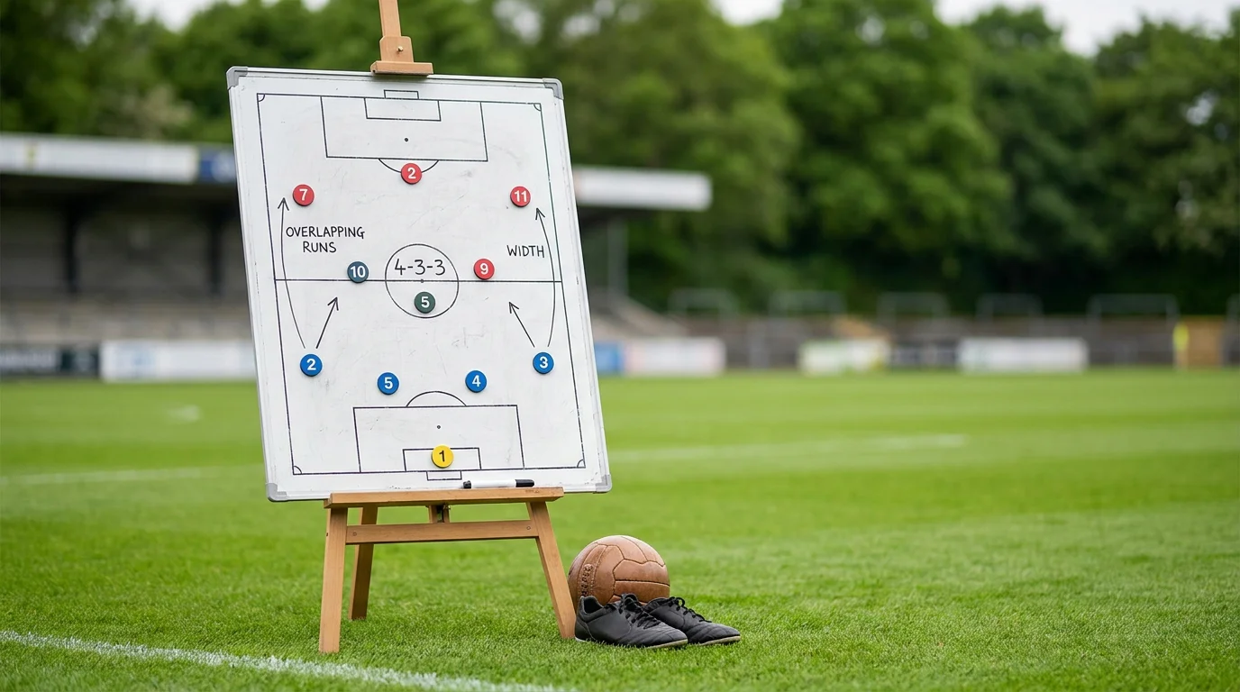 Tactical board showing a 4-3-3 formation with overlapping full-backs and wide wingers