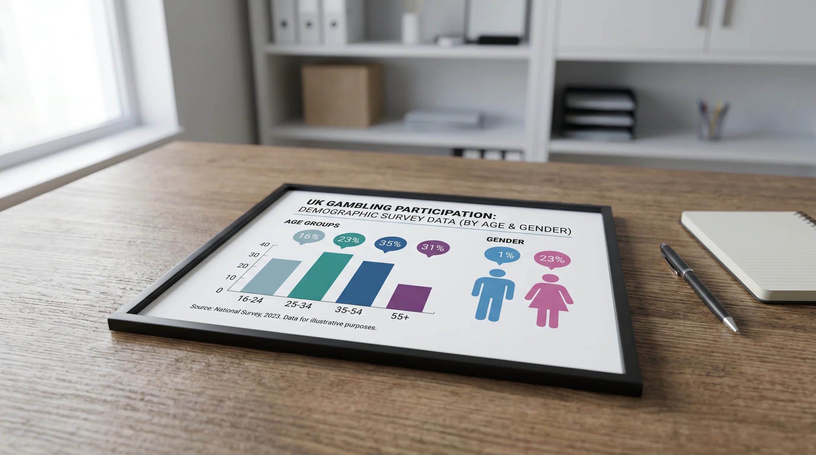 Demographic survey data showing UK gambling participation by age and gender