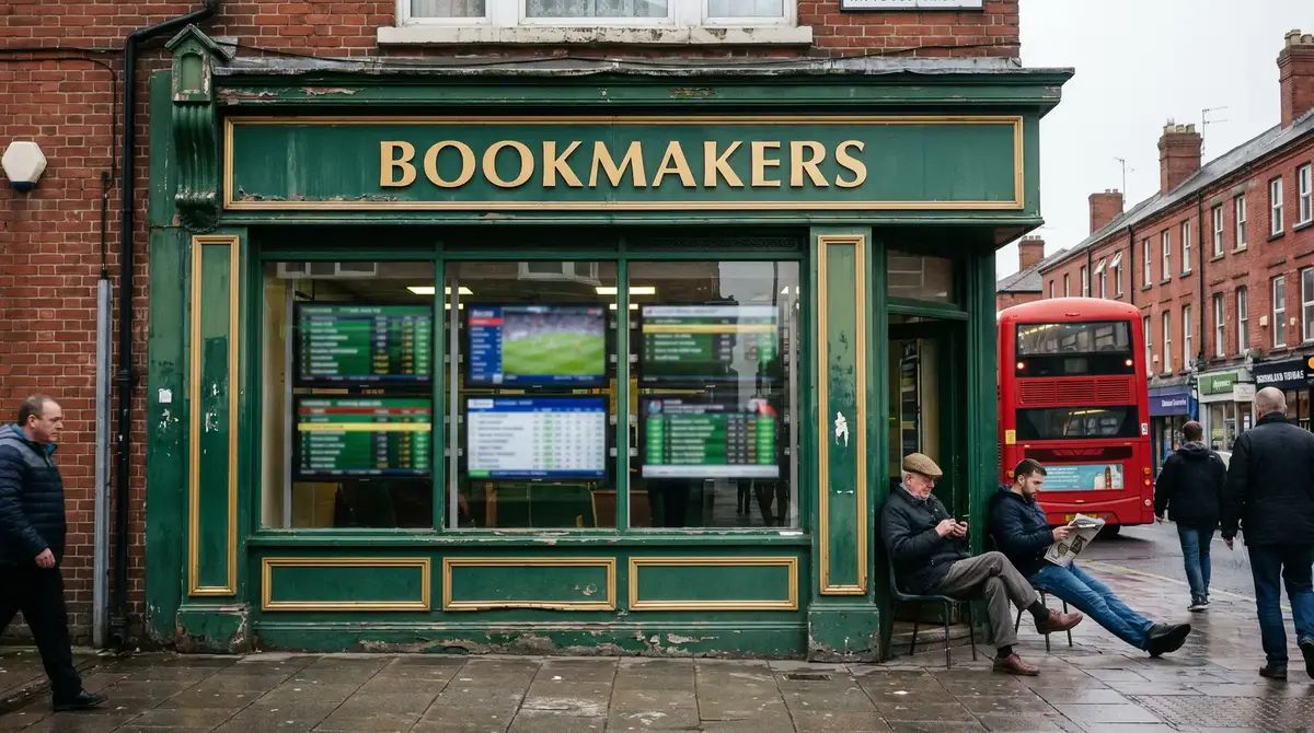 Busy high street betting shop in the UK with screens displaying football odds