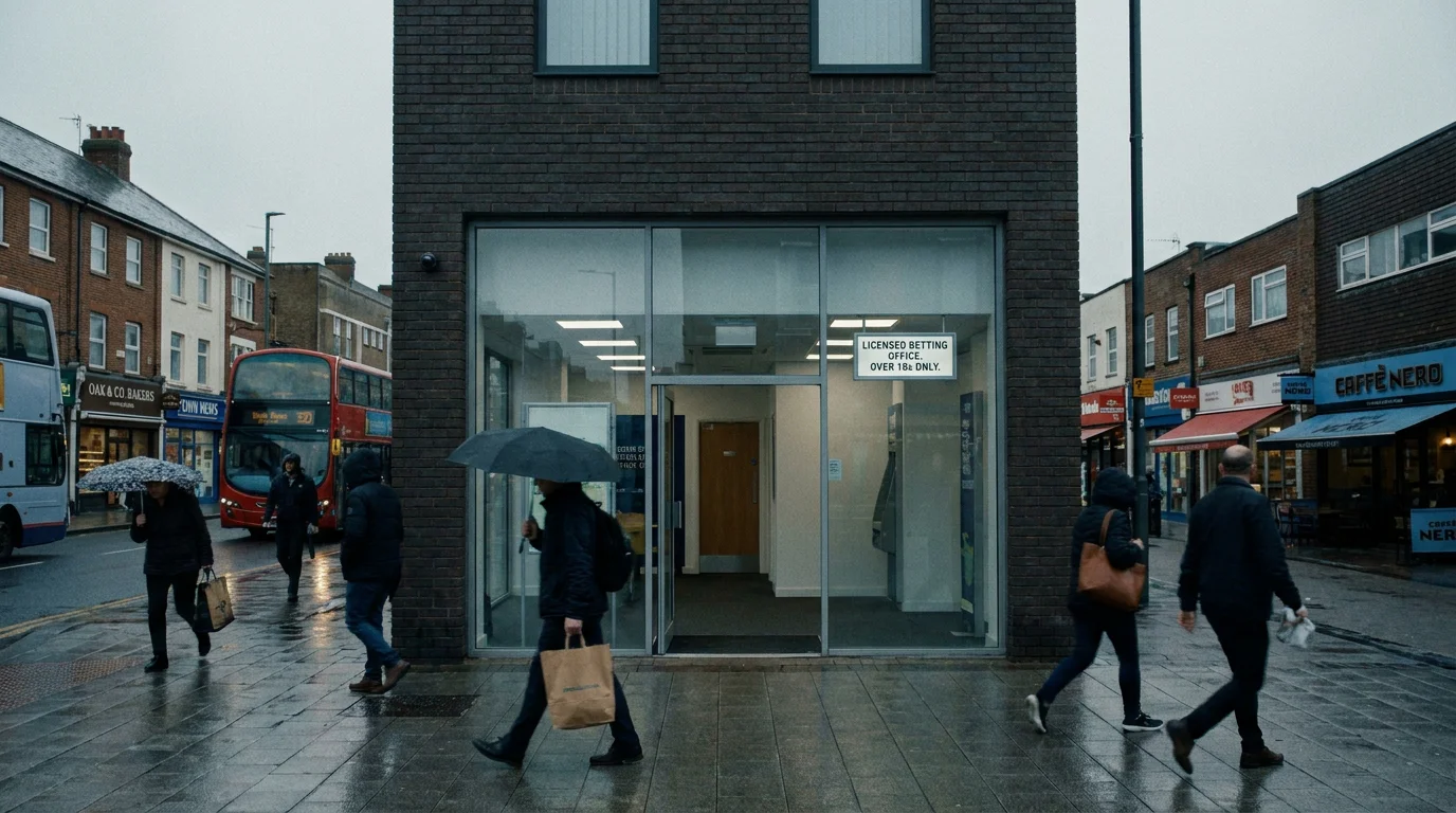 UK Gambling Commission logo displayed alongside licensed bookmaker premises on a British high street