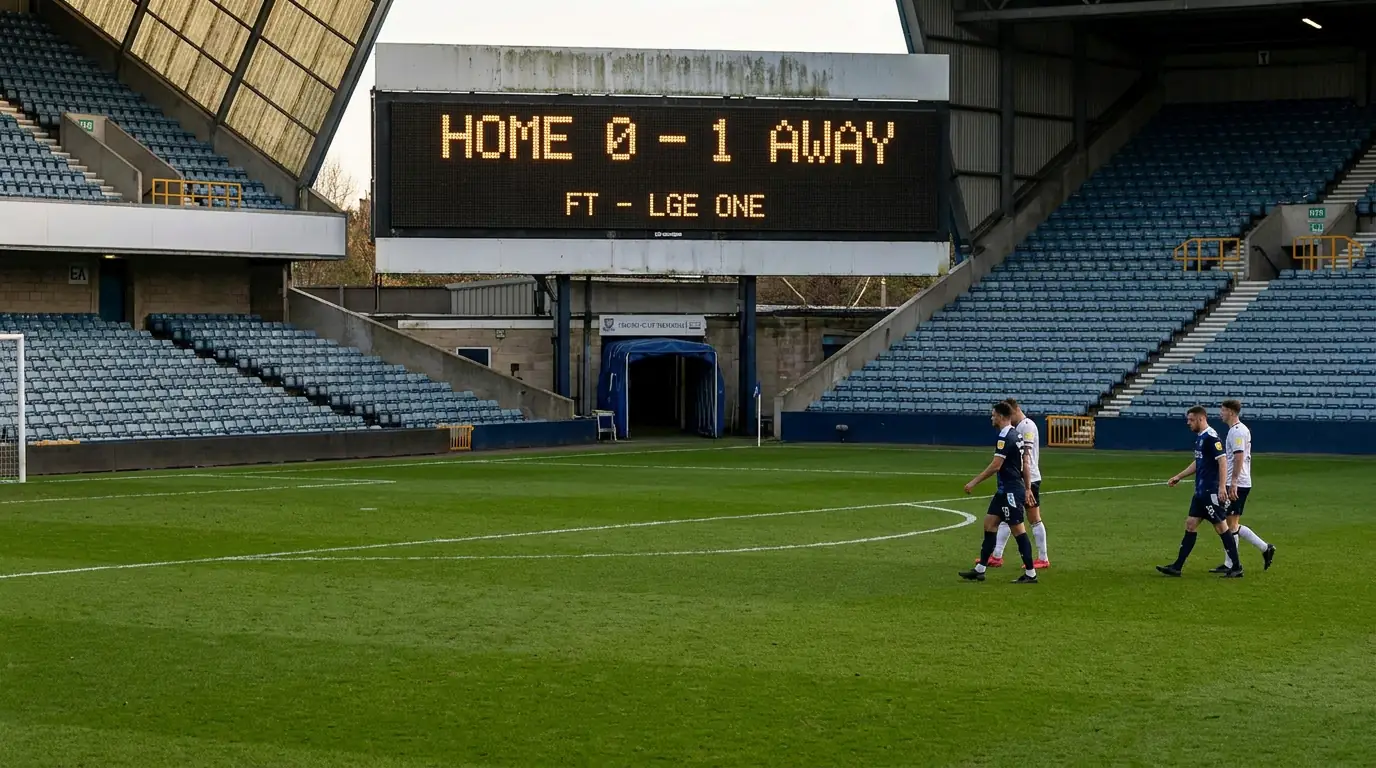 Stadium scoreboard displaying a low-scoring League One result