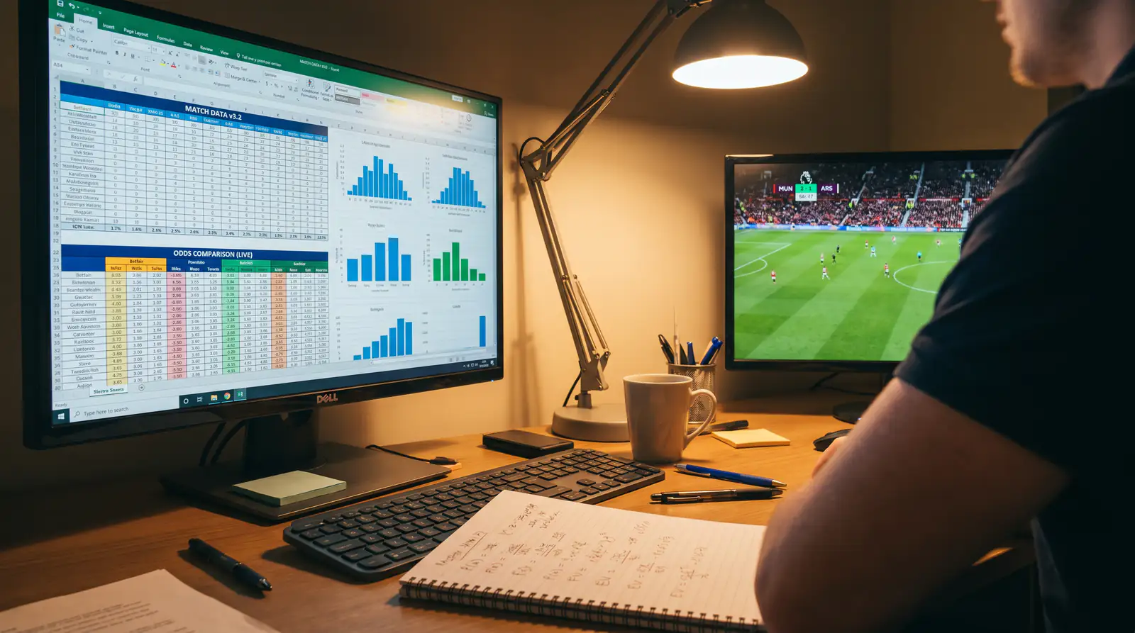 Football analyst studying match data and odds on a computer screen to identify value betting opportunities