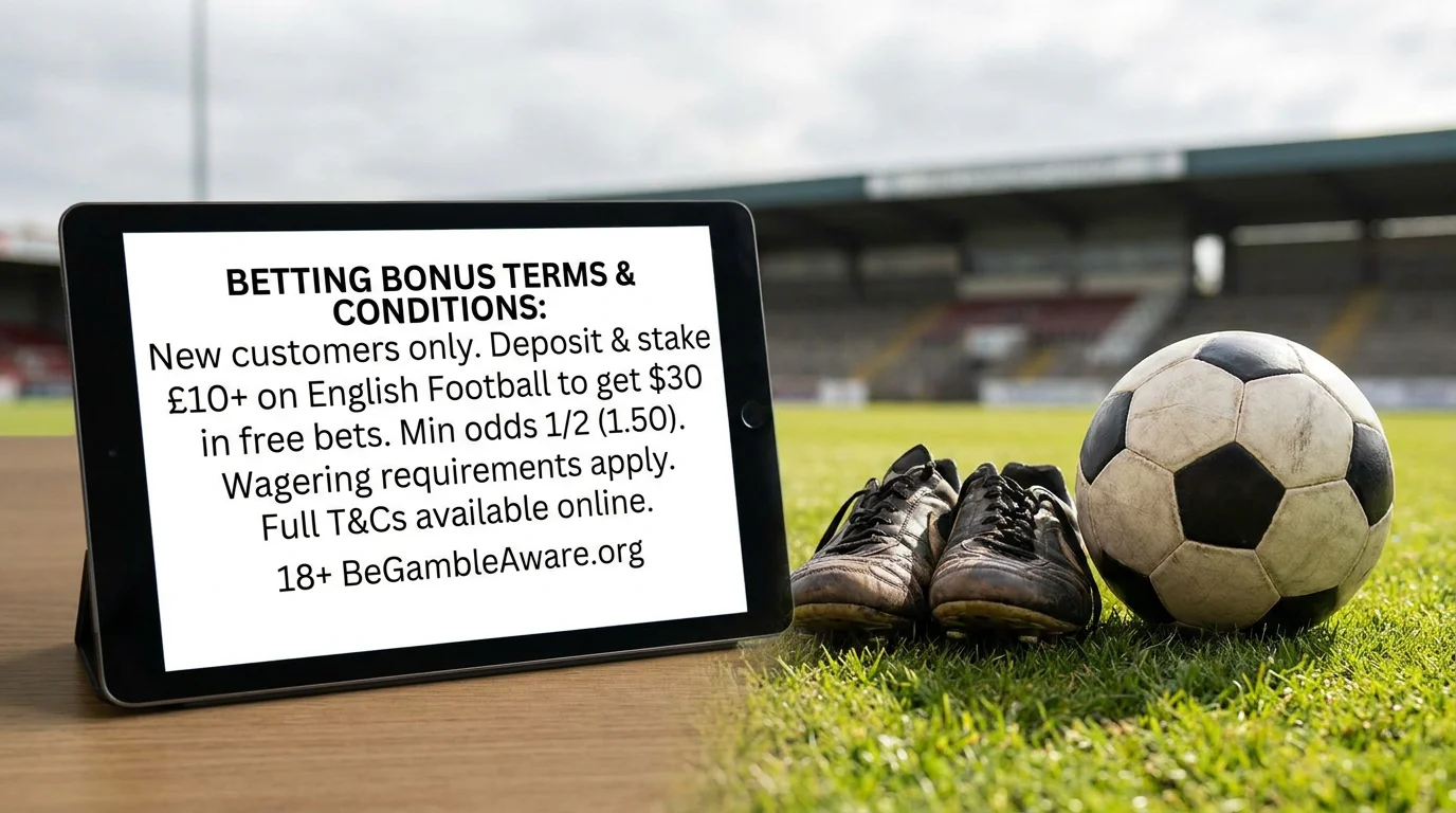 Close-up of betting bonus terms and conditions text on a screen