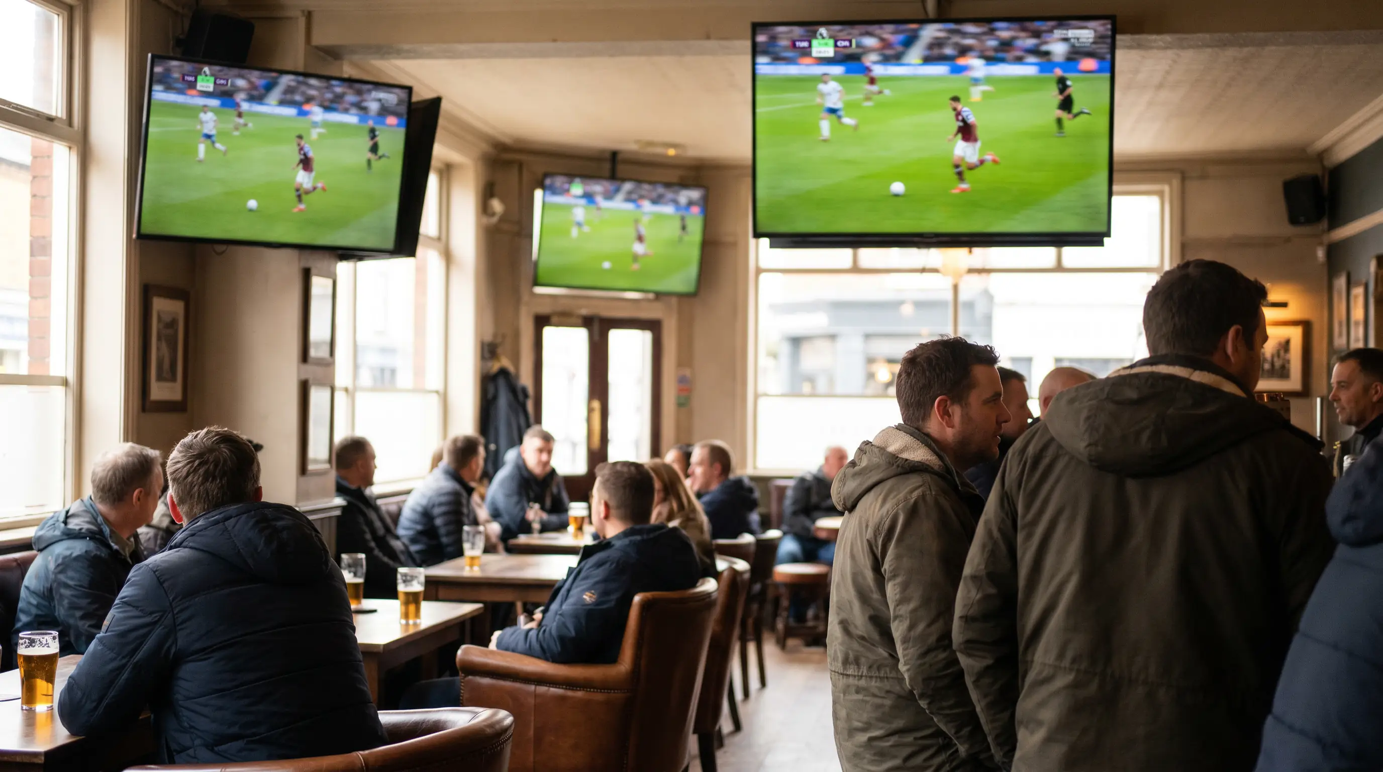 Football matches displayed on pub television screens on a Saturday afternoon
