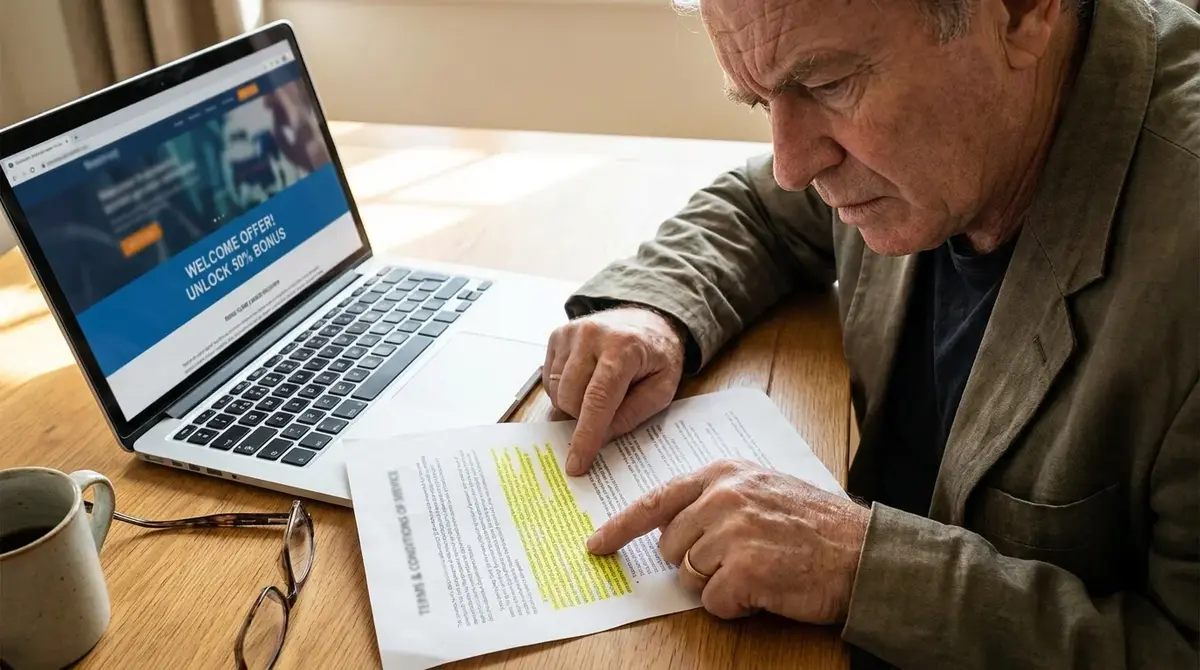 Person reading detailed terms and conditions of betting welcome offer